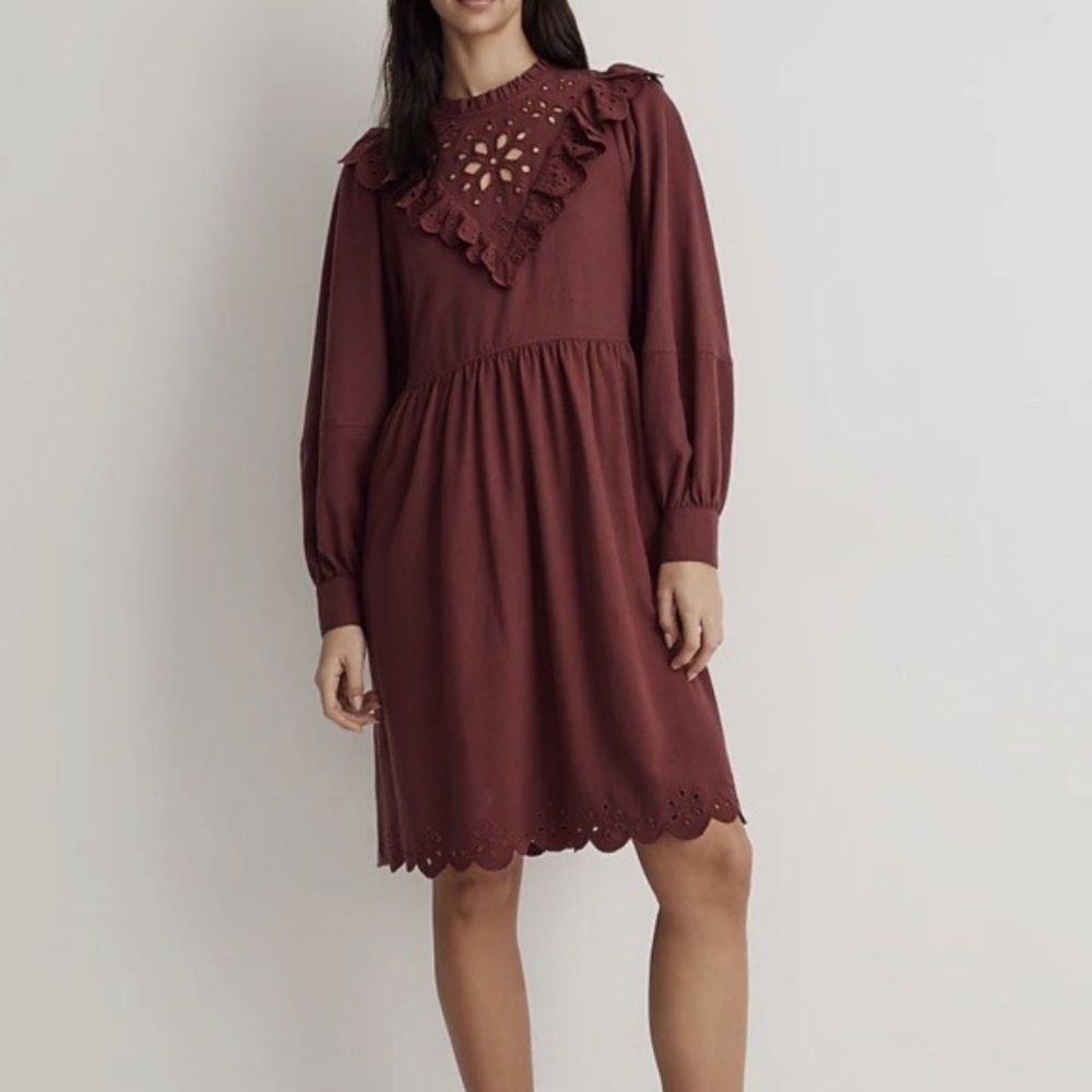 NEW Madewell Mini Flannel Ruffle Dress Size Small Burgundy Red
